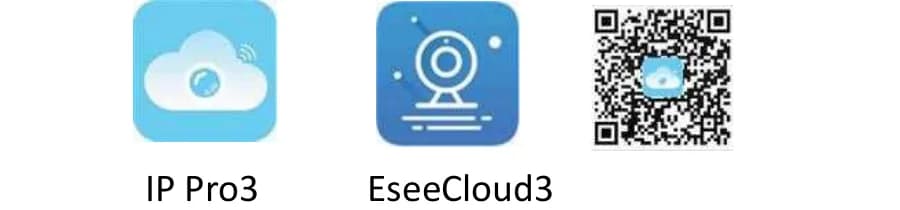 ไอคอนแอป IP Pro3 และ EseeCloud3 พร้อมคิวอาร์โค้ด