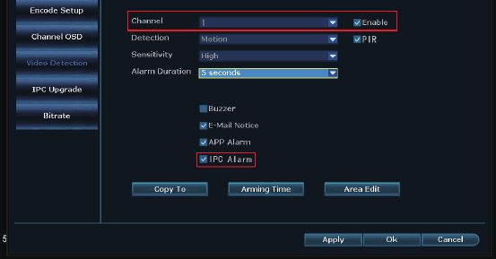 Thiết lập Phát hiện video với Báo động IPC được bật