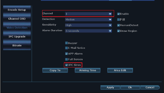 การตั้งค่าการตรวจจับวิดีโอที่เปิดใช้งานไซเรน IPC