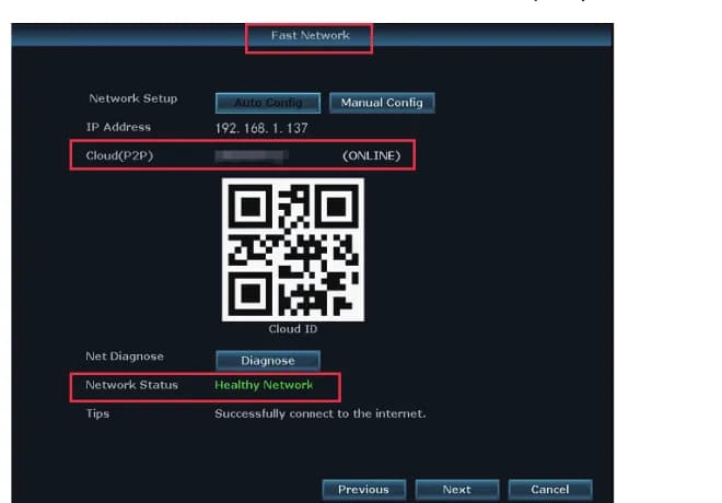 Cloud (P2P) ONLINE と Healthy Network を表示する Fast Network 画面