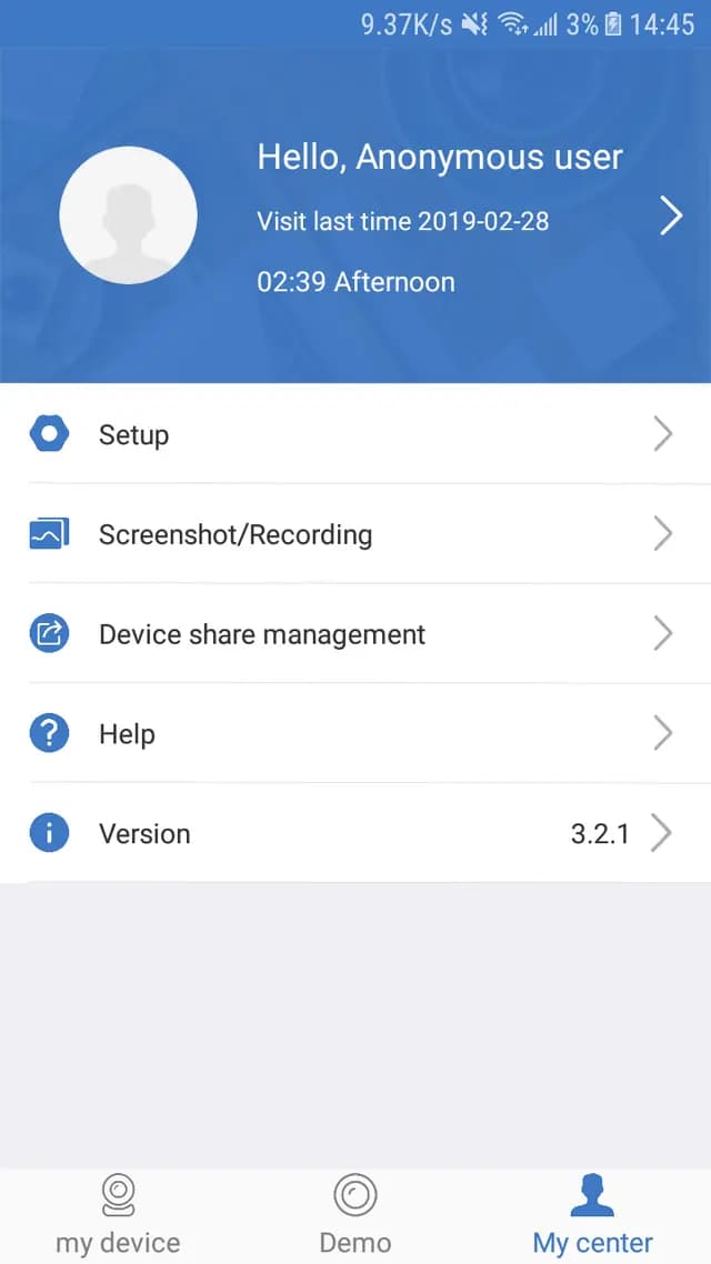 Centro de cuenta de la YESKAMO Camera App con configuración, grabaciones y compartición de dispositivos