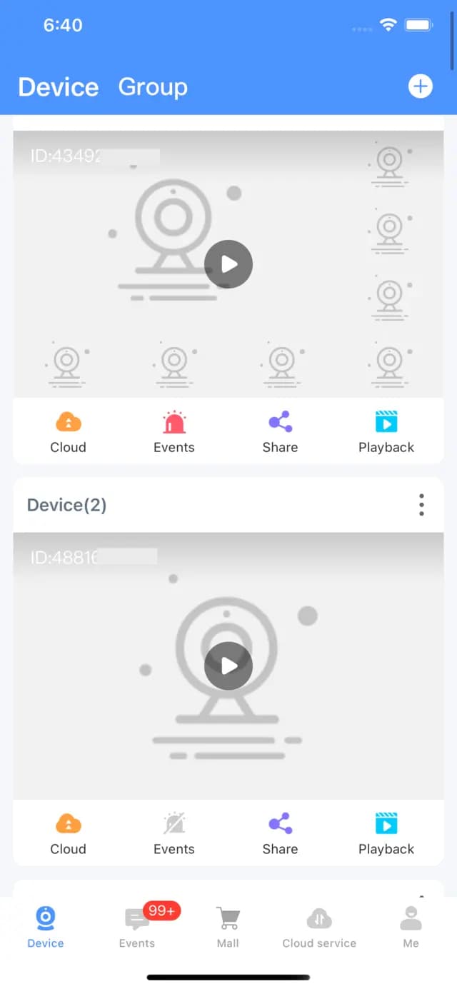 Lista de dispositivos de la YESKAMO Camera App con accesos directos a nube, eventos, compartir y reproducción