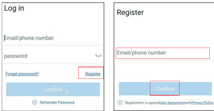 Login- og registreringsskærme i telefon-appen