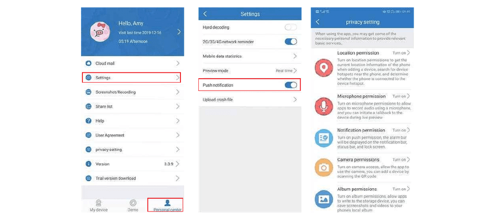 Indstillinger i telefon-appen, kontomenu, privatlivs- og notifikationstilladelser