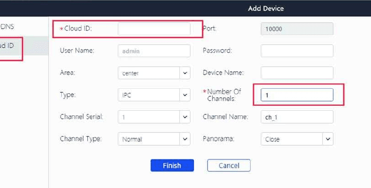 CMS Add Device-dialog med Cloud ID og antal kanaler fremhævet