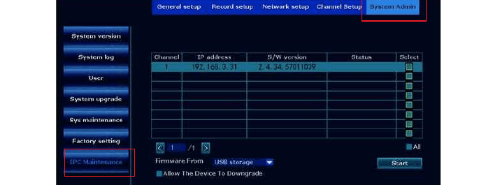NVR IPC Maintenance-skærm til opgradering af kameraet