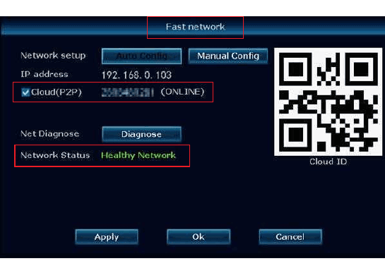 NVR Fast network-skærm, der viser Cloud (P2P) ONLINE, et velfungerende netværk og Cloud ID QR-koden