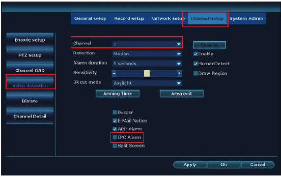 NVR video detection med indstillingen IPC Alarm