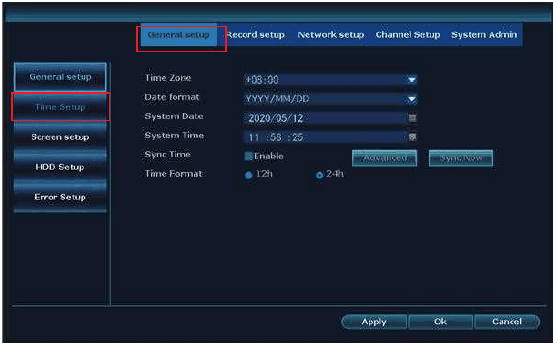 NVR general setup med indstillingerne for tidszone