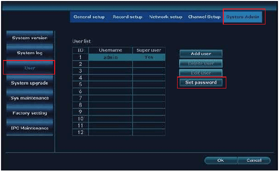 NVR System Admin-brugerliste med knappen Set password