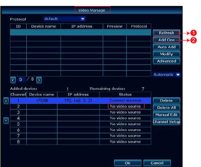 NVR Video Manage-skærm med knapperne Refresh, Add og Match Code
