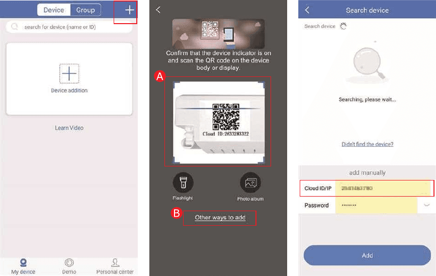 Diğer ekleme yöntemleriyle cihaz eklemeye ve Cloud ID'yi manuel girmeye yönelik uygulama ekranları