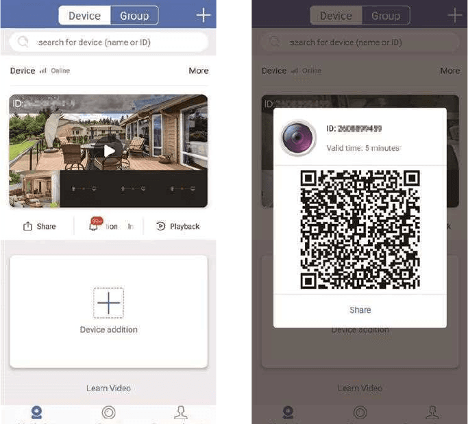Uygulamada cihaz paylaşma — cihaz listesi ve QR kod paylaşım ekranları
