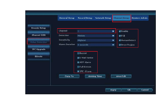 PIR, HumanDetect ve Draw Region etkinleştirilmiş Video Algılama
