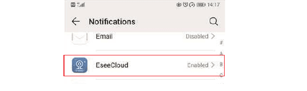 EseeCloud etkinleştirilmiş Telefon Bildirimleri listesi