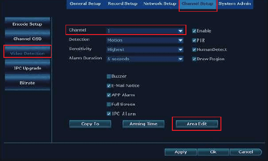 Alan Düzenle düğmeli Video Algılama ekranı