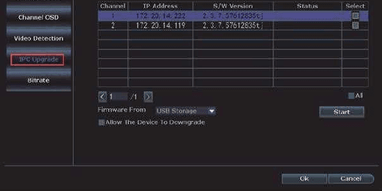 Kanal donanım yazılımı listesiyle NVR Kanal Ayarları > IPC Yükseltme