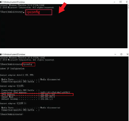 ipconfig'i ve sonuçtaki IPv4 Adresi, Alt Ağ Maskesi ve Varsayılan Ağ Geçidini gösteren komut istemi