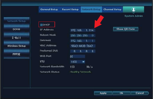 DHCP işareti kaldırılmış ve IP Adresi, Alt Ağ Maskesi, Ağ Geçidi ve Tercih Edilen DNS alanlarıyla NVR Ağ Ayarları sayfası